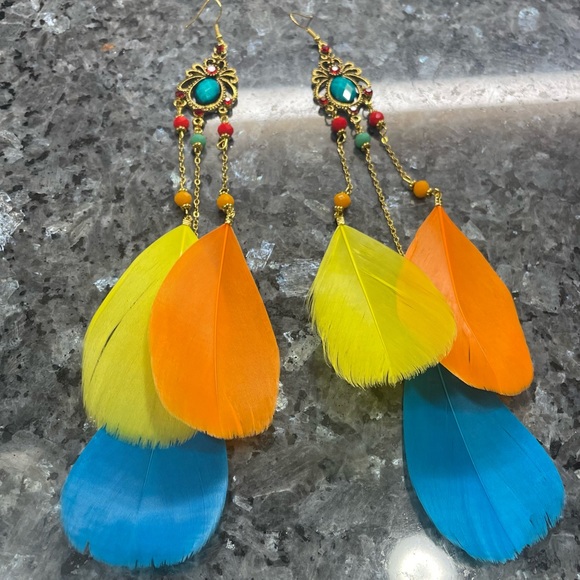 Jewelry - 2/$25 or 3/$35 NWOT Colorful jeweled and feathered long drop earrings